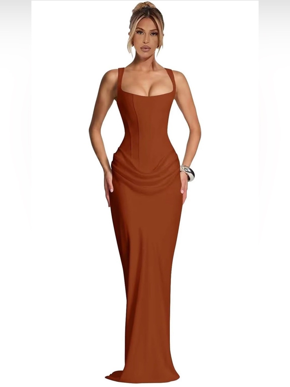 Women’s Square Neck Satin Mermaid Maxi Corset Dress in Rust Burnt Orange 2